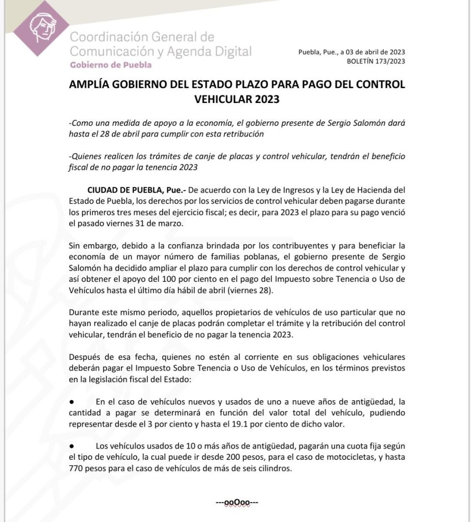 Amplía gobierno del estado plazo para pago del Control Vehicular 2023